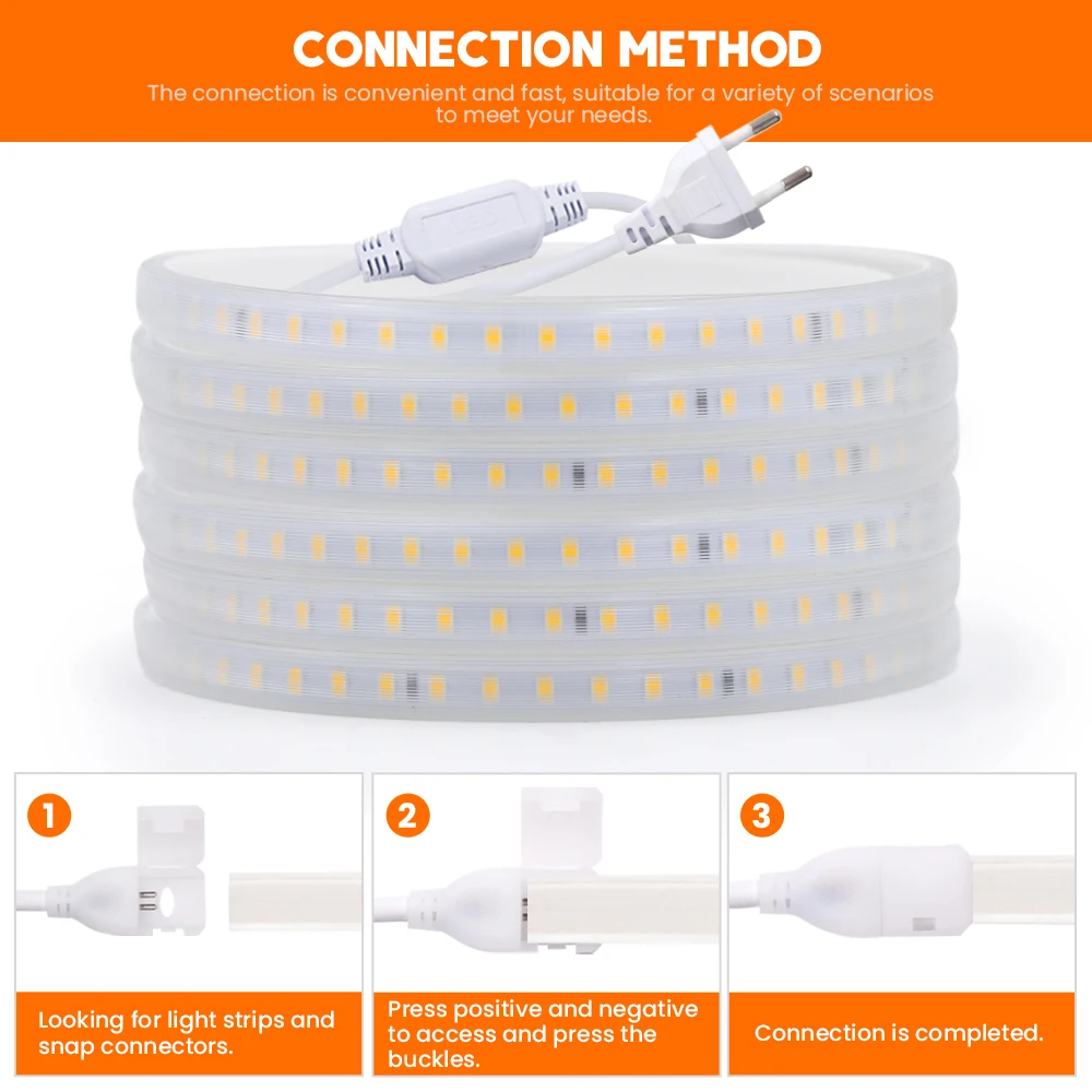 2835 LED Strip Lights 220V 120Leds/m Waterproof LED Tape Ribbon High Brightness 3000K-6000K Flexible Outdoor Lamp With EU Plug