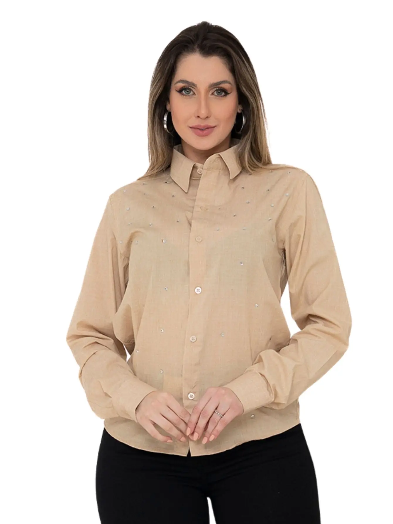 Glossy Chic Elegant Long Sleeve Beige Linen Women's Social Shirt with No Pocket Shining