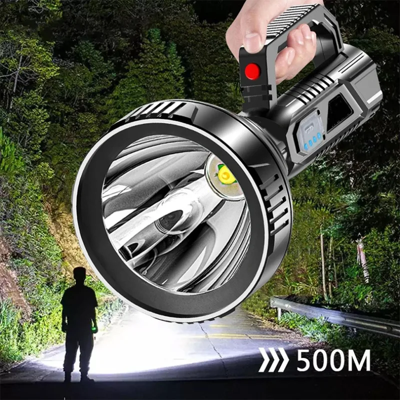 

Portable LED Searchlight Super Bright Flashlight USB Rechargeable Handheld Torch Outdoor Waterproof Camping Emergency Work Lamp