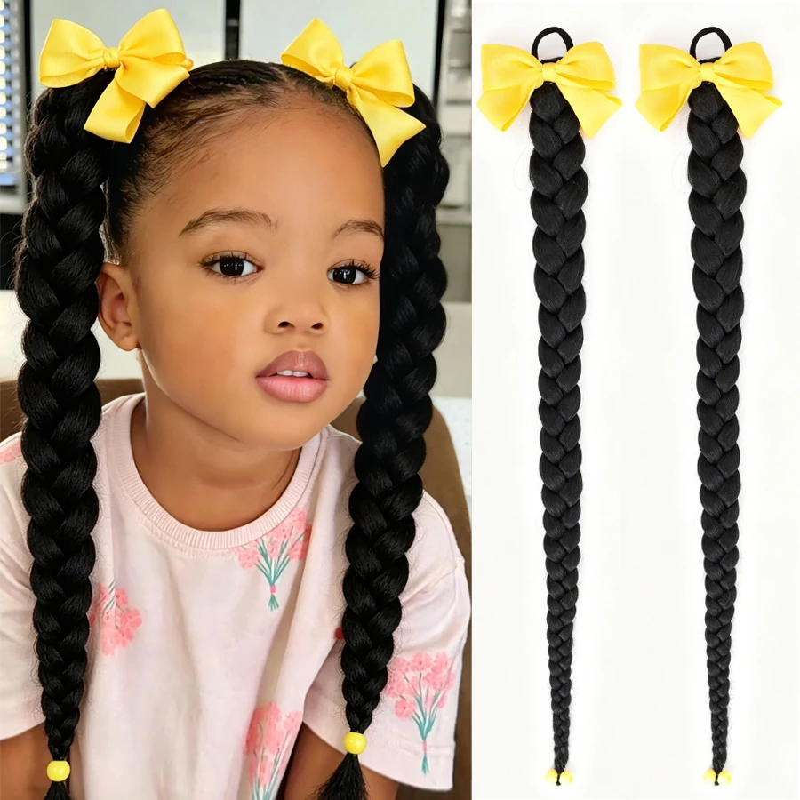 2pcs Synthetic Hair Ponytail With Bow Clip, Children's Pigtail, Natural New Chinese Style Braid Ponytail