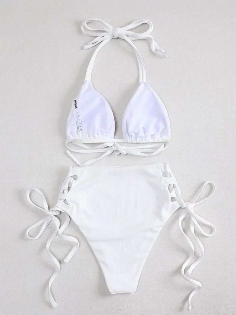 Sexy White Ribbed Halter Bikini Sets Two Pieces High Waist Tie Hollow Women Thong Swimsuit Female Bathing Suit Swimwear Biquini
