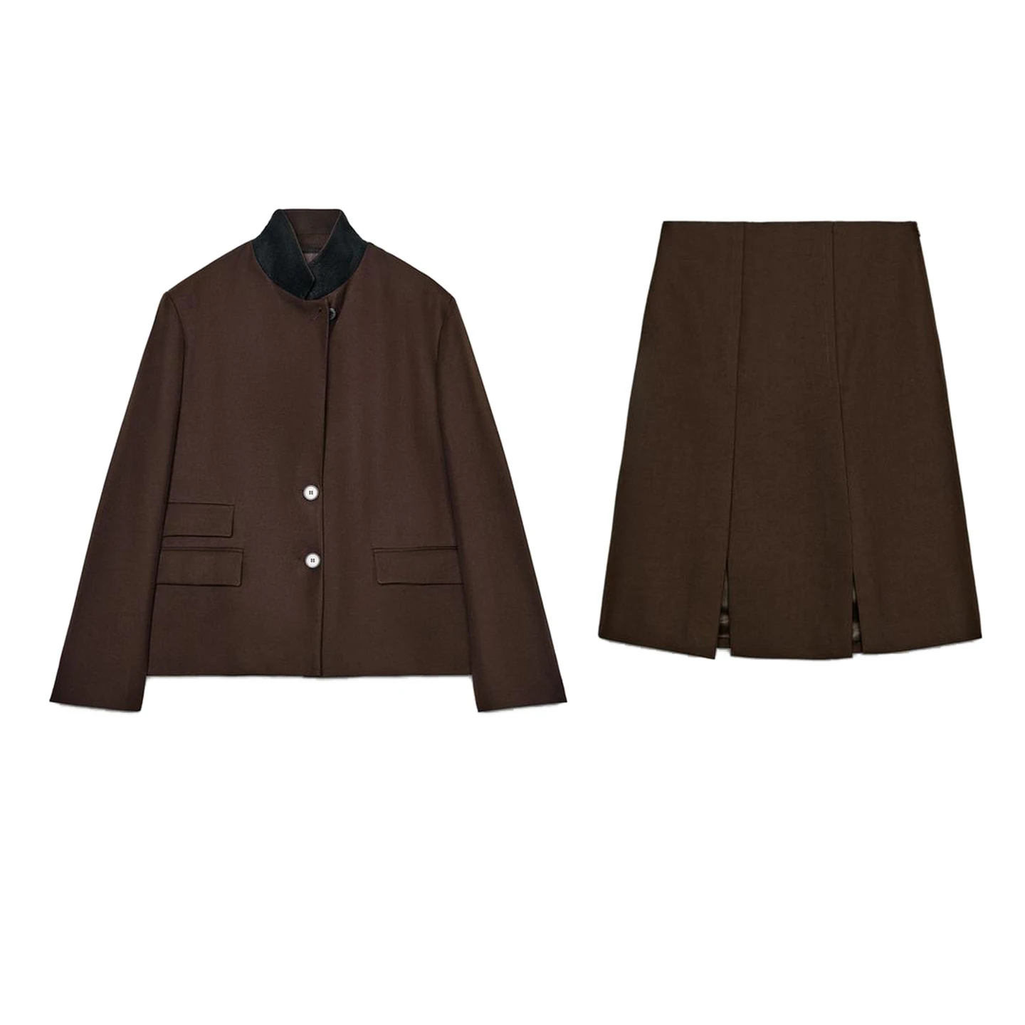 High Collar Long Sve ket Decorated Suit Jaet mid Waist Slit Design Wide Pleated Skirt Faionable Two-Piece Set for W...