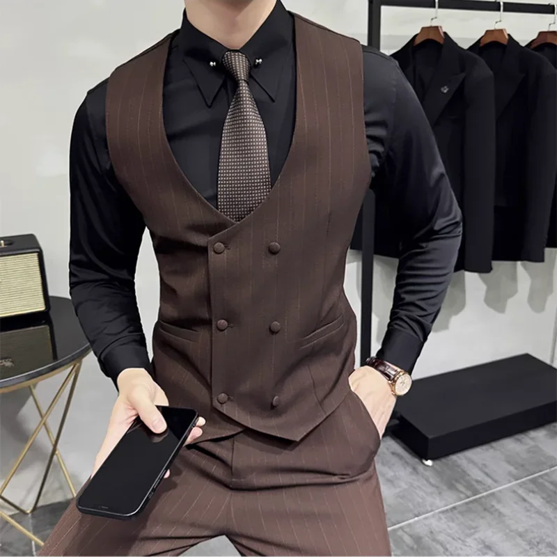 British Style Double-breasted Striped Vest With Pants Men Business Slim Fit Suit Vest 2 pieces Formal Groom Wedding Dress Vest