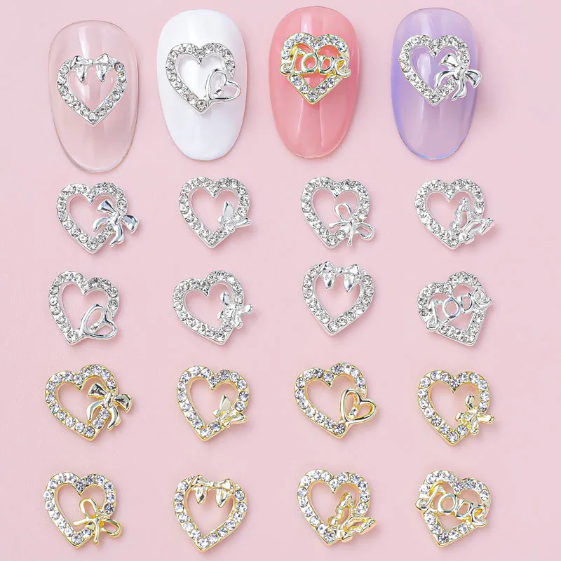 

10pcs/Lot Heart Nail Charms Bow Crystal Decor Rhinestone Gold Silver Alloy Nail Art Accessories Parts For Manicure Nail Supplies