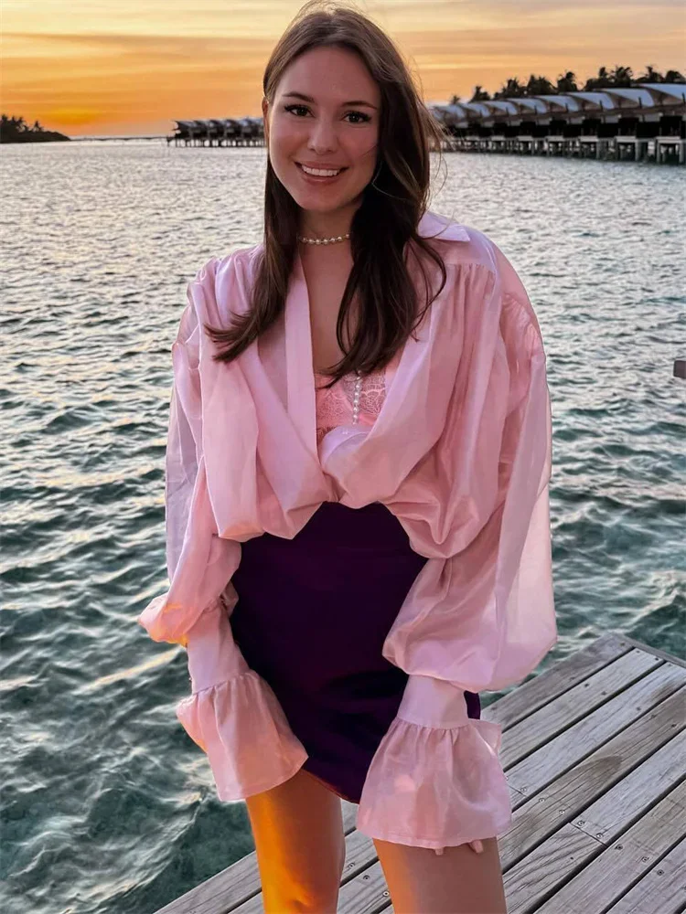 

Spring Women's Pleated Shirts Top Tossy See-Through Casual Shirts Top For Women Loose Slim Long Sleeve Lapel Streetwear