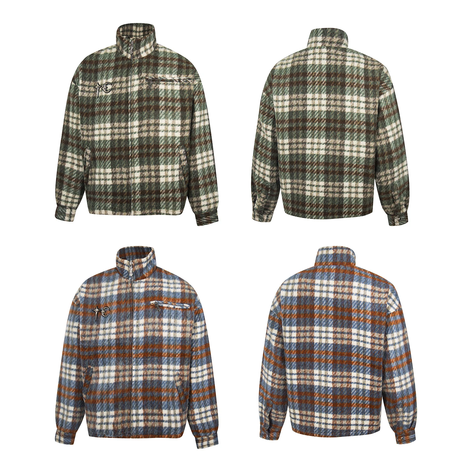 

Men's Plaid Woolen Jacket Casual American Style Spring Autumn Loose High Street Thickened Long Sleeve Zipper Closure Coat