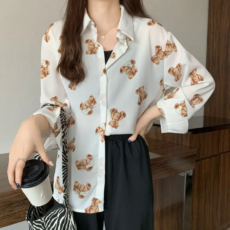 Fashionable Plus Size Women's Thin Shirt Loose and Versatile Cute Teddy Bear Hip-hop Print Anti-aging Long Sleeved Shirt