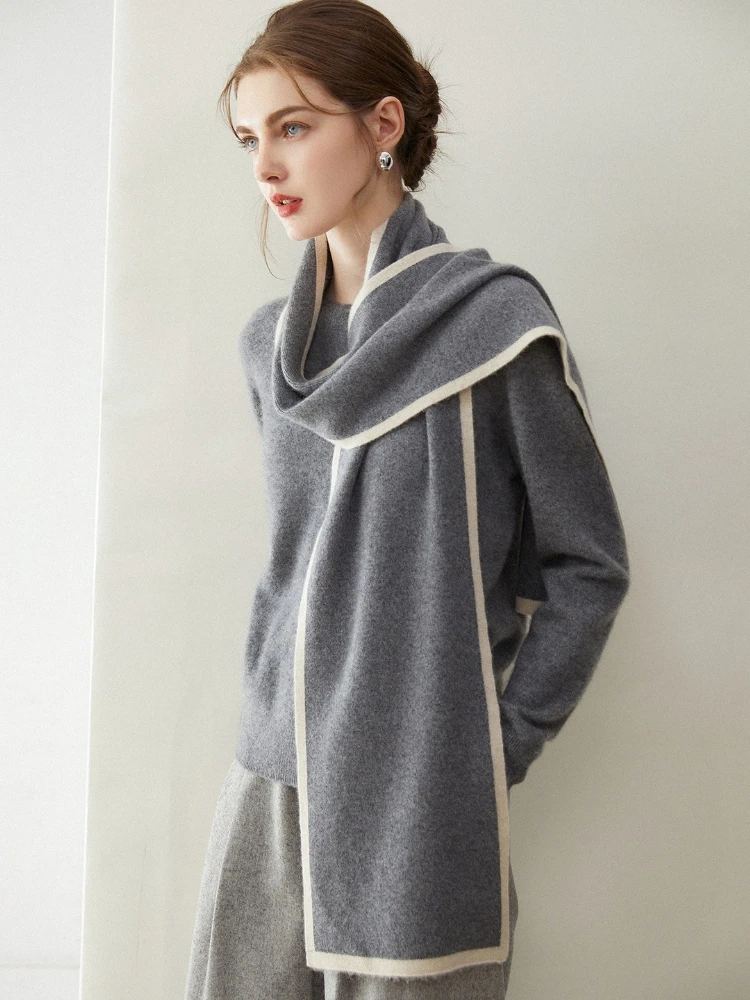 VERVE VESTA 100% Cashmere Scarf Women Contrast Trim Thick Warm Winter Scarf Soft Luxury Knit Neck Wrap