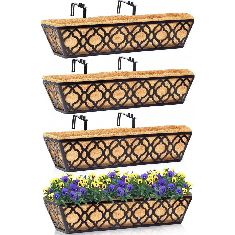 

Y&M 24inch Window Planter Box 4Pcs Iron Window Deck Railing Planter with Coco Liner, Metal Horse Troughs Fence Planter