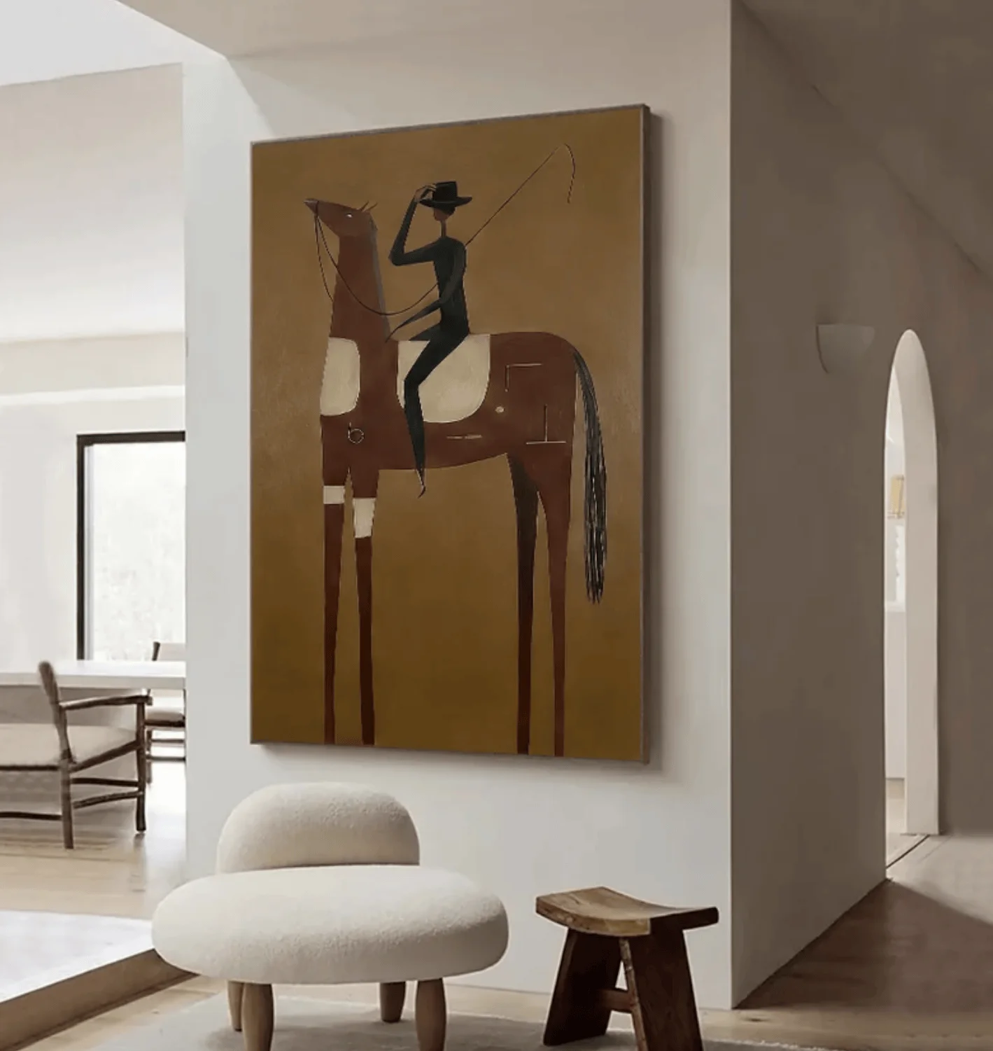 Abstract Cowboy Rider On Horse Wall Art Canvas Prints, Western Figurative Posters, Earth Tone Decor for Living Room Decor