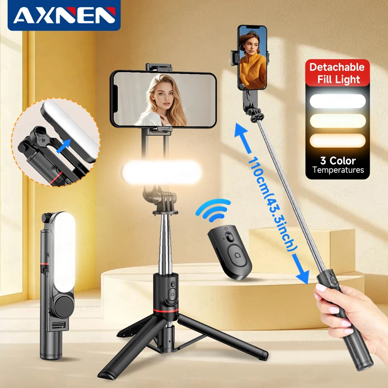 AXNEN L15 Palo de Selfie Inalámbrico con Trípode, Monopié Plegable con Luz LED para Teléfonos Inteligentes, Disparo Estable, Portátil para Viajes