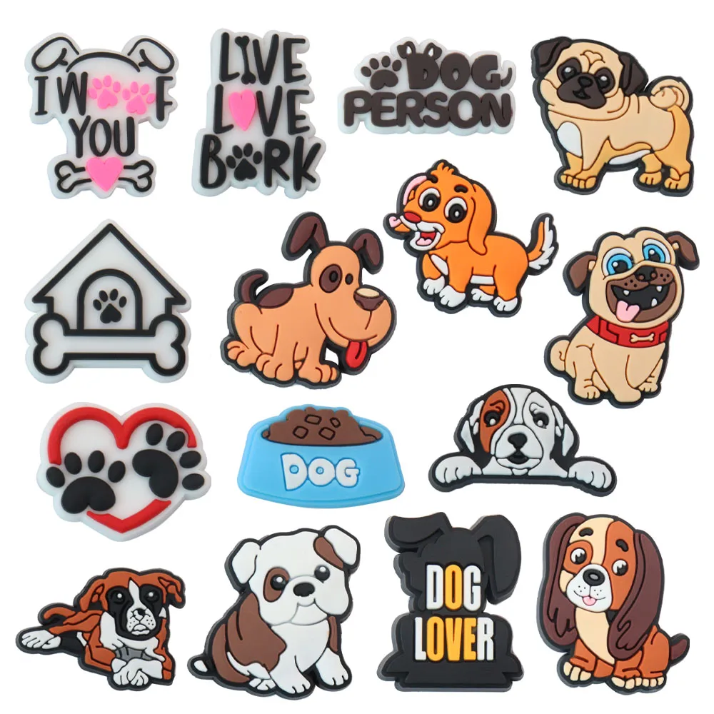 Misture PVC Sapato Encantos para Crianças, Animais Kawaii, Cão Amante Pessoa, Woof Comida Viva, Casca Do Amor, Sandálias, Decoração, Presentes de Natal, 50PCs