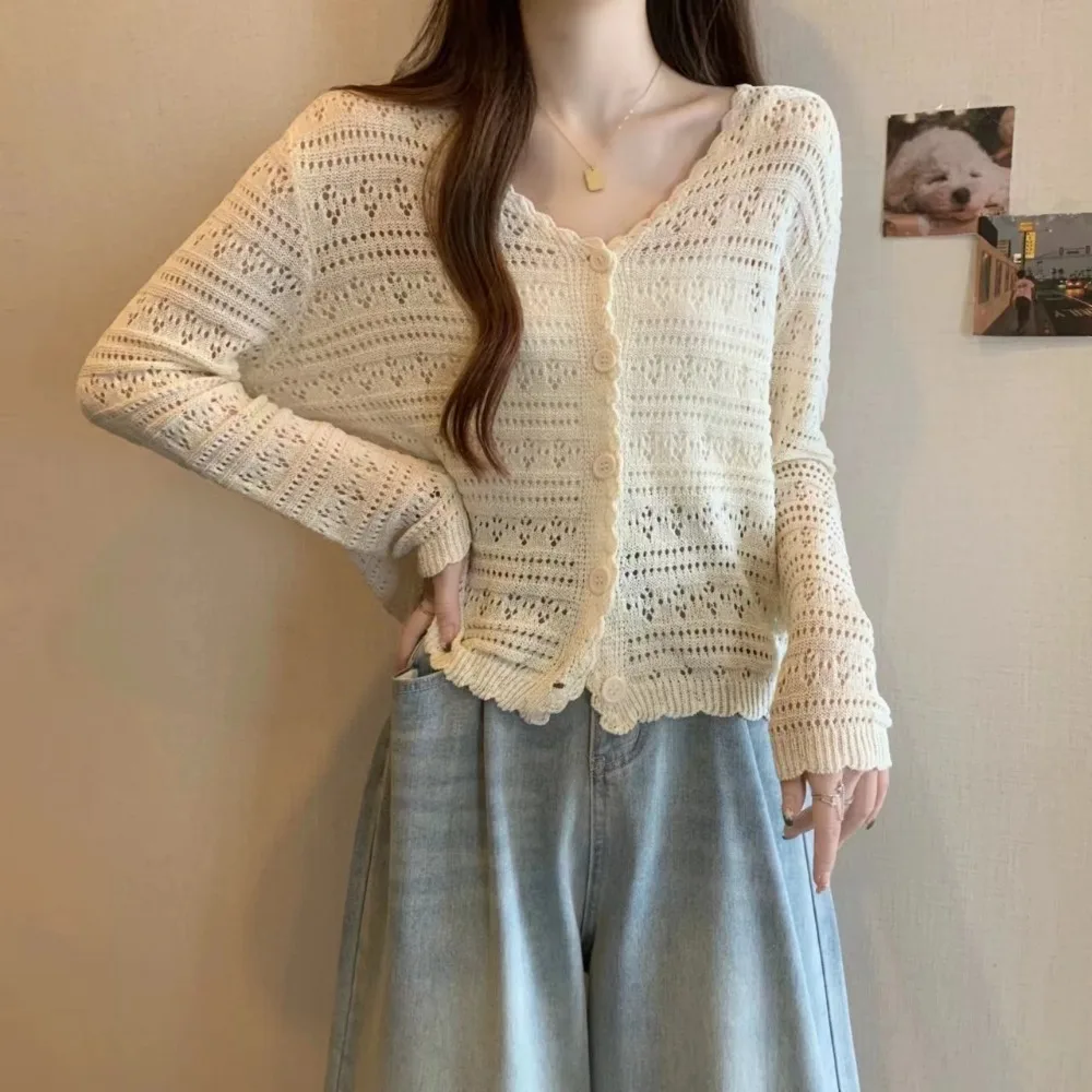 Moda oco para fora cardigan de malha com decote em v manga longa à prova de sol topos casuais finos outwear feminino