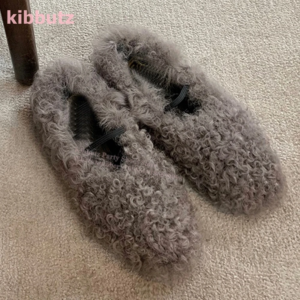 Warm Plushy Fuzzy Pumps Lamb Wool Round Toe Flat With Slip-On Solid Color Warm Winter Fashion Show Comfortable Women Shoes New