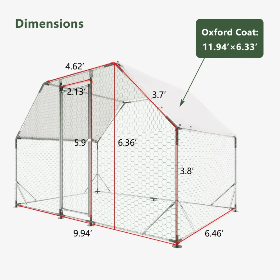 9.94 ft x 6.46 ft x 6.36 ft Metal Chicken Coop Poultry Cage Run Flat Shape Waterproof Cover