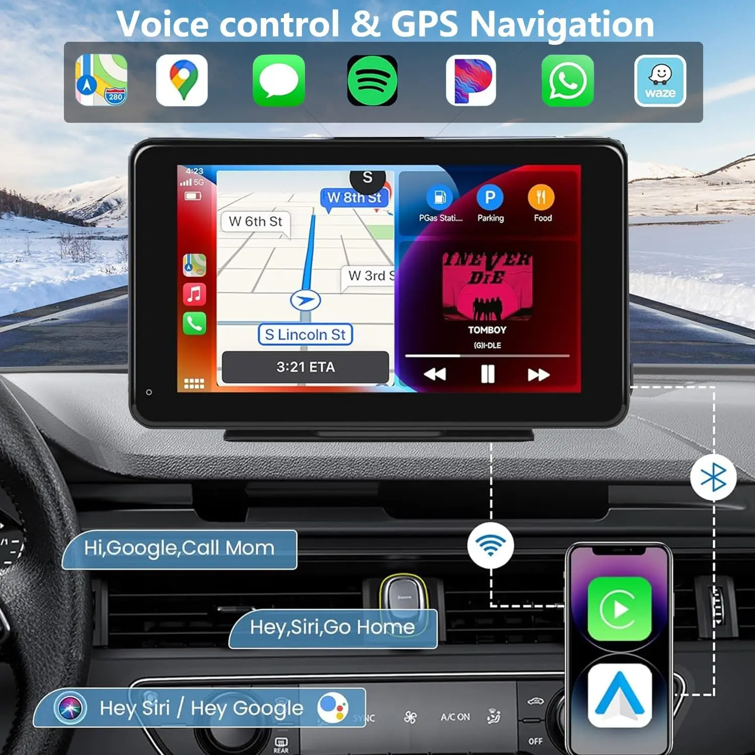 Портативный 7-дюймовый беспроводной сенсорный экран HD CarPlay/Android Auto с Bluetooth FM MirrorLink