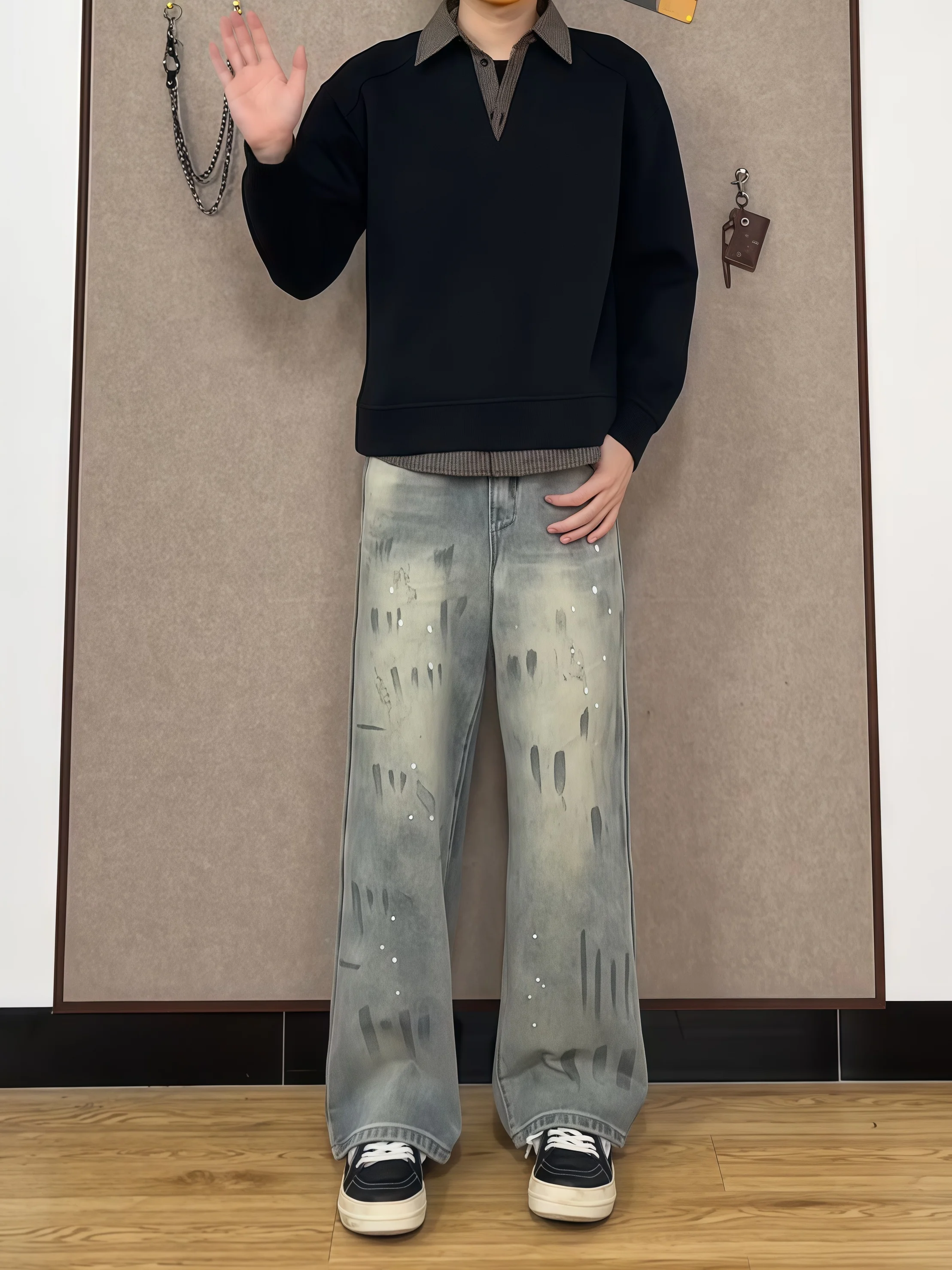 

Мужские джинсы с принтом тай-дай и распылением, джинсы с высокой талией, удлиненные прямые ноги, облегающие классические американские ретро-серы, повседневные хлопковые джинсы