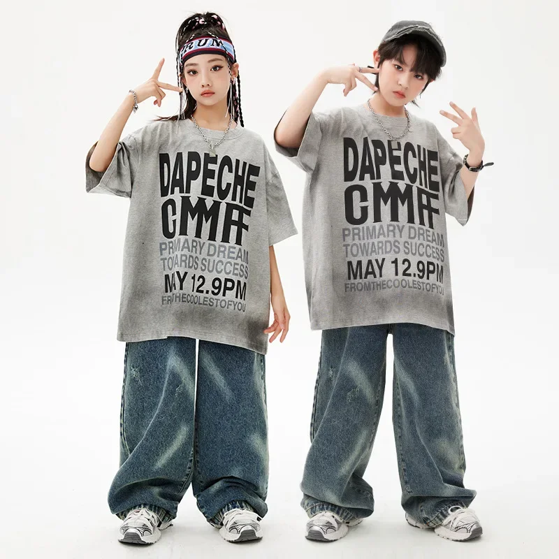 Abbigliamento per ragazze Hip Hop Costume da ballo di strada jazz per bambini T-shirt grigia oversize Pantaloni in denim blu per outfit da spettacolo per ragazzi
