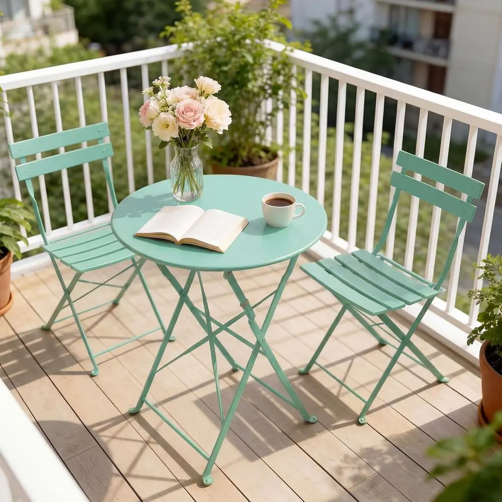 

3-Piece Folding Patio Bistro Set with Mint Green Chairs and Table