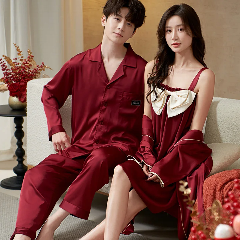 wedding-couples-spwear-set-red-strap-ice-silk-high-sensation-men-women-new-bride-morning-robe-nightgown-loose-fit-long-sve