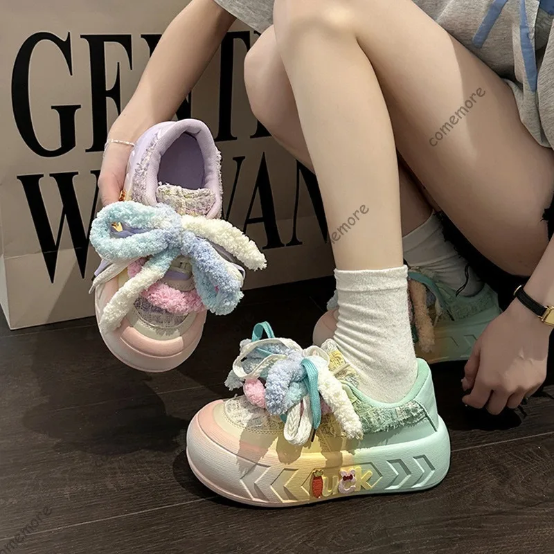 Kawaii Gradient Platform Sneakers for Women Letter Patch Fluffy Laces Low Top Shoes Thick Sole Sweet Casual Кроссовки Fashion