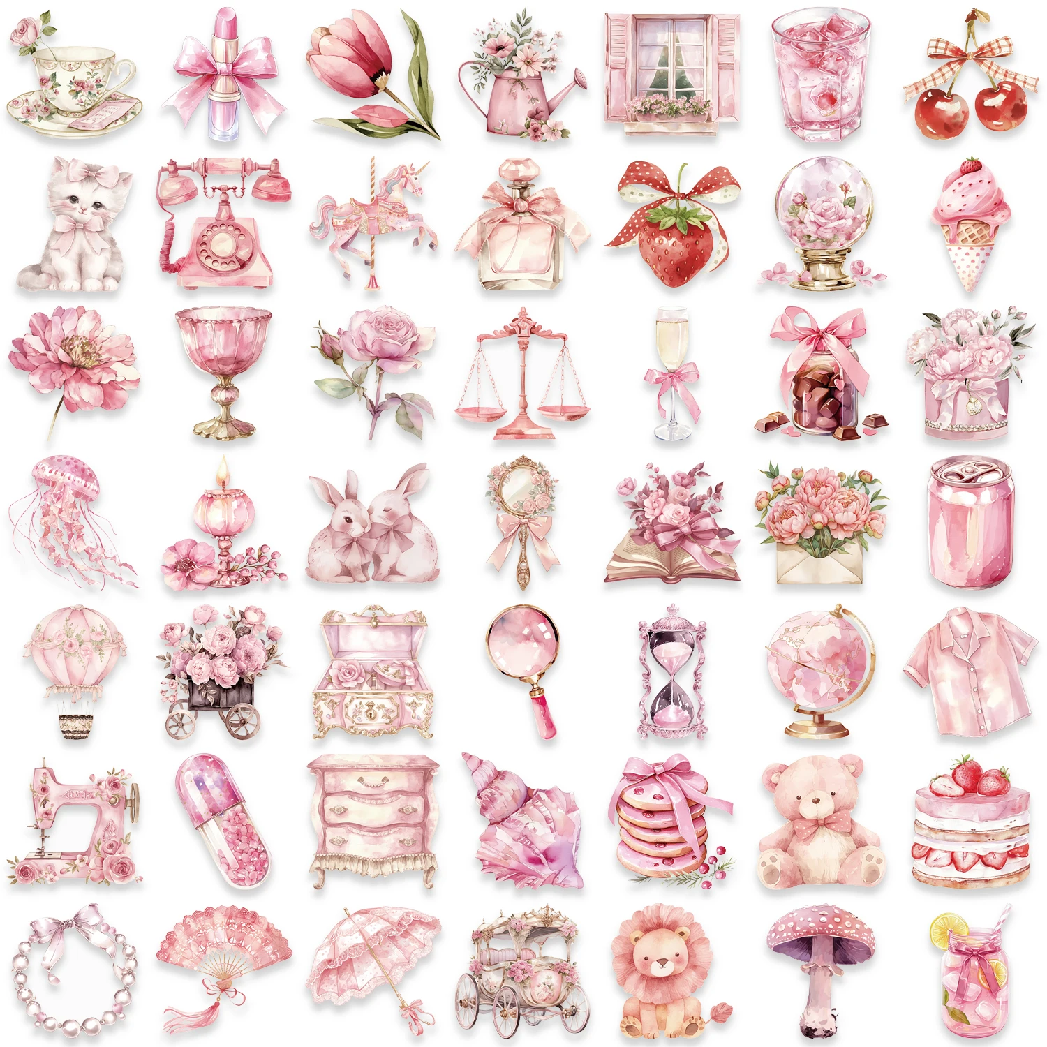 50Pcs Pink Aesthetic Transparent Flowers Graffiti Stickers Waterproof Artistic Dreamy Decoration Guitar Laptop Helmet Skateboard
