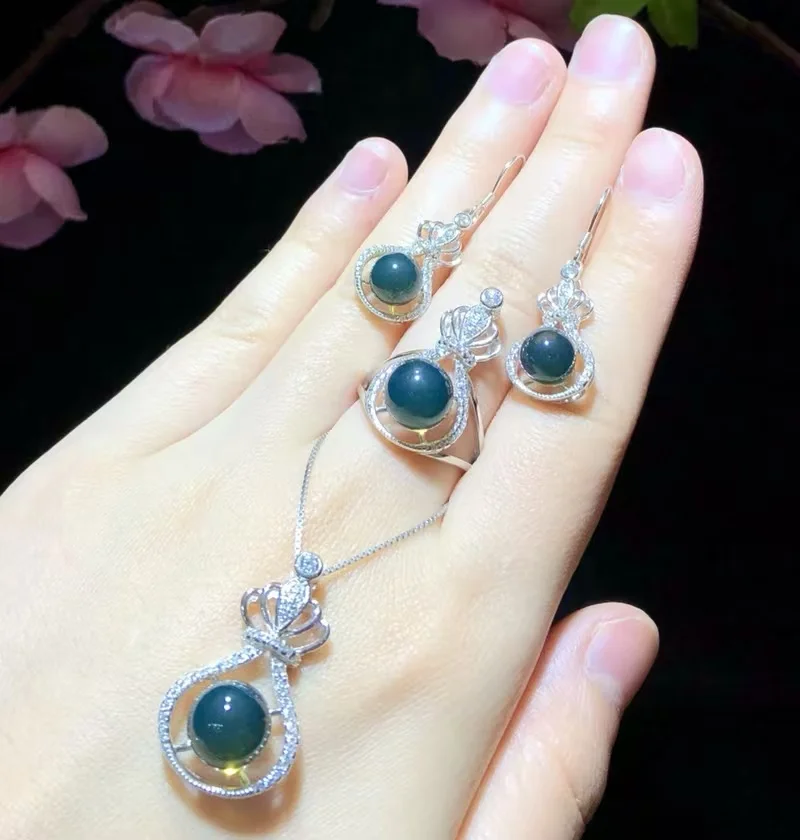 

Твердый серебряный натуральный мексиканский синий янтарь, набор подвесок Lucky Pouch с кольцом и серьгами, бусины 7 мм, 8 мм, 9 мм