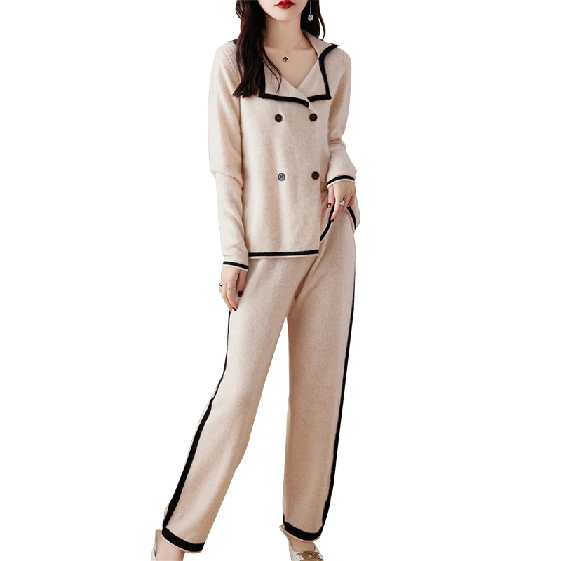 Fall/Winter Two-Piece Set 100% Pure Wool Knit Cardigan Cashmere Ultra-Soft Coat Fashionable Wide-Leg Pants For Women