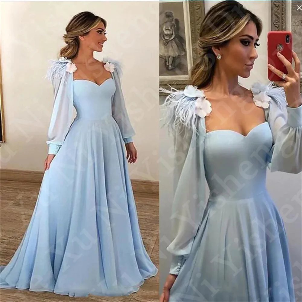 Light Blue Prom Dress Sweetheart Long Sleeves A-Line Stereo Flowers Appliques Feathers Women Evening dress Wedding Party dress