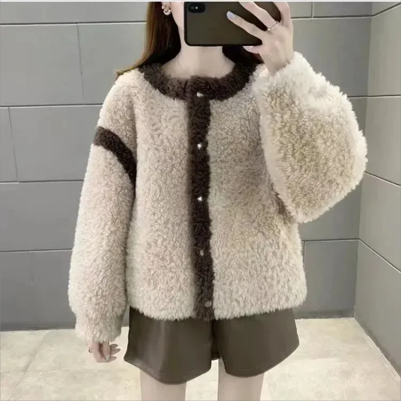 Schapen-Achtige Shearling Coat Vrouwen 2024 Winter Wew Korte Kleine Top Coat Imitatie Lamswol Korrelige Fleece Korte Jas