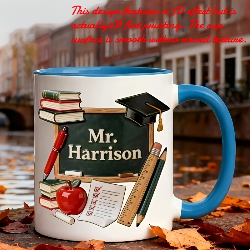 Custom Name 11oz Teacher Coffee Mug 2D Printing Ceramic Cup Books Apple Graduation Cap Design Microwave Safe Reusable Gift for T