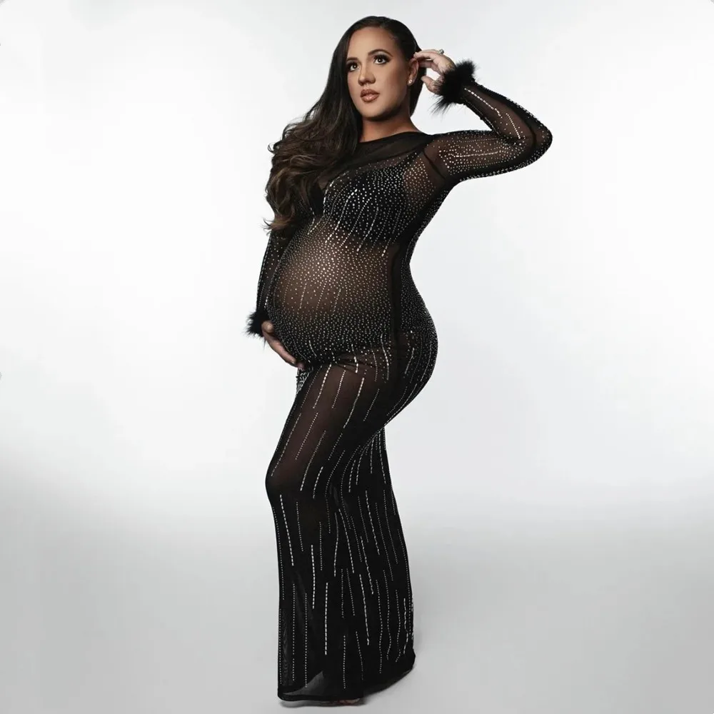 Sexy Summer Bodycon Hot-fixed Rhinestone Maternity Photography Props Dresses Full Sleeve See Through Baby Shower Party Dress