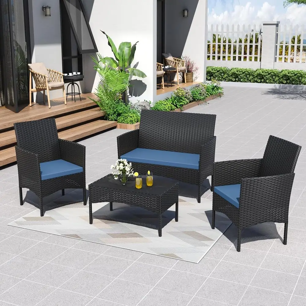 4 Pieces Patio urnitrue Set Outdoor Patio Contion Set Wicker Chairs w/Sot Cushions and Glass Coee Table Outdoor Settees or Backy