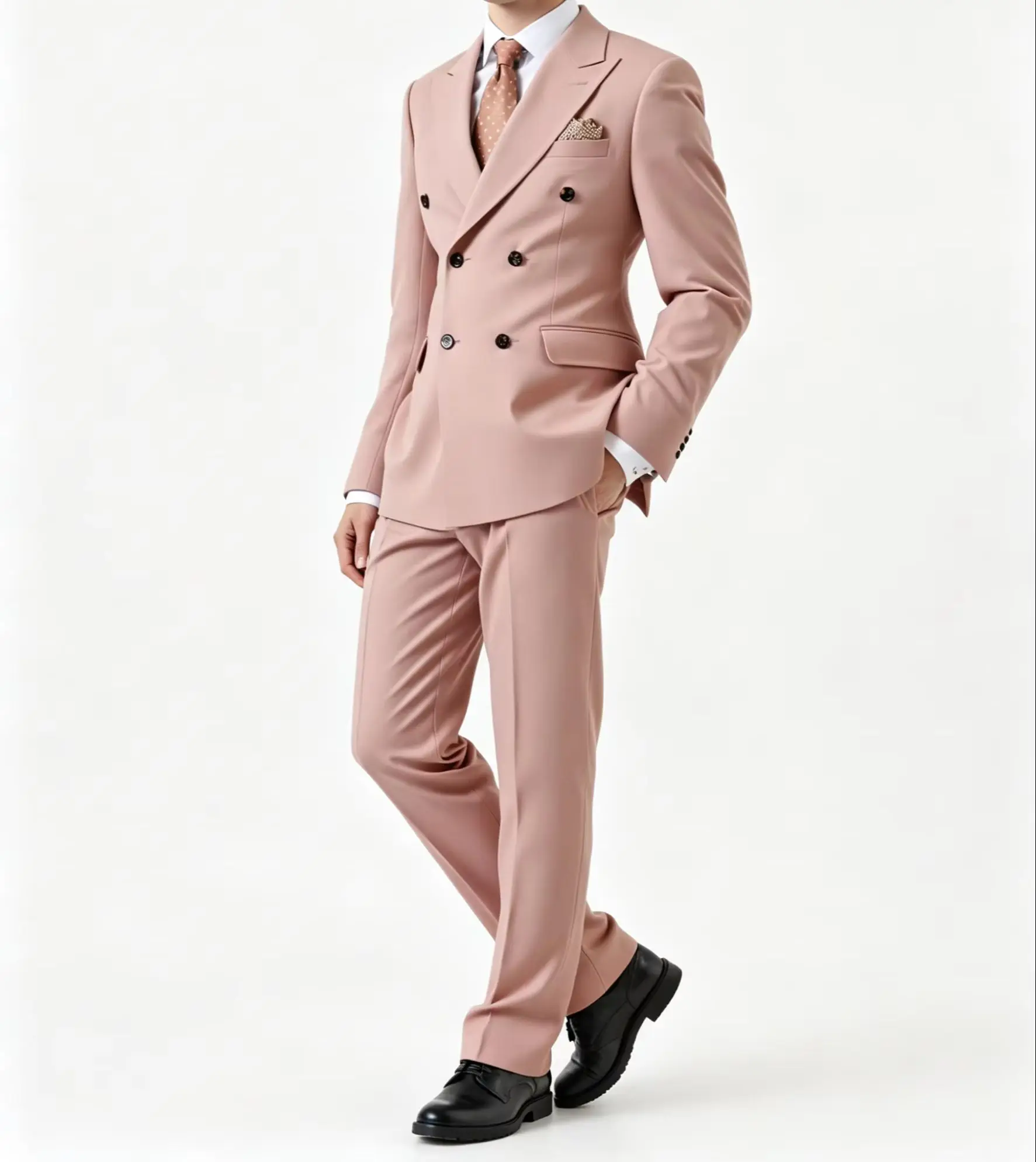 

Men's Blush Pink Double Breasted Peak Lapel Suit 2-Piece Slim Fit Formal Wedding Blazer Pants Set with Free Pocket Square