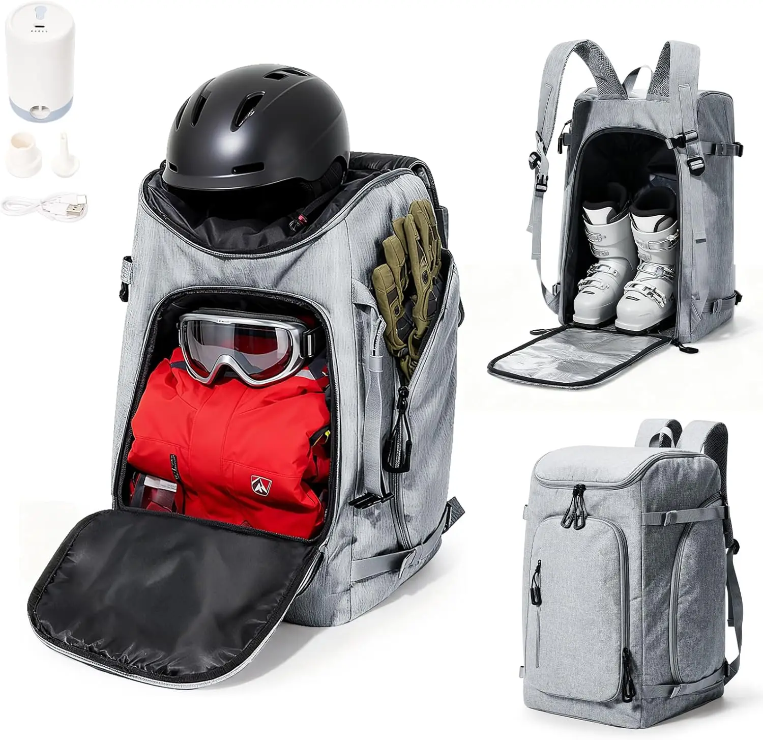 

60L Ski Backpack for Men Women, Snowboard & Helmet Bag with Pump (Grey)