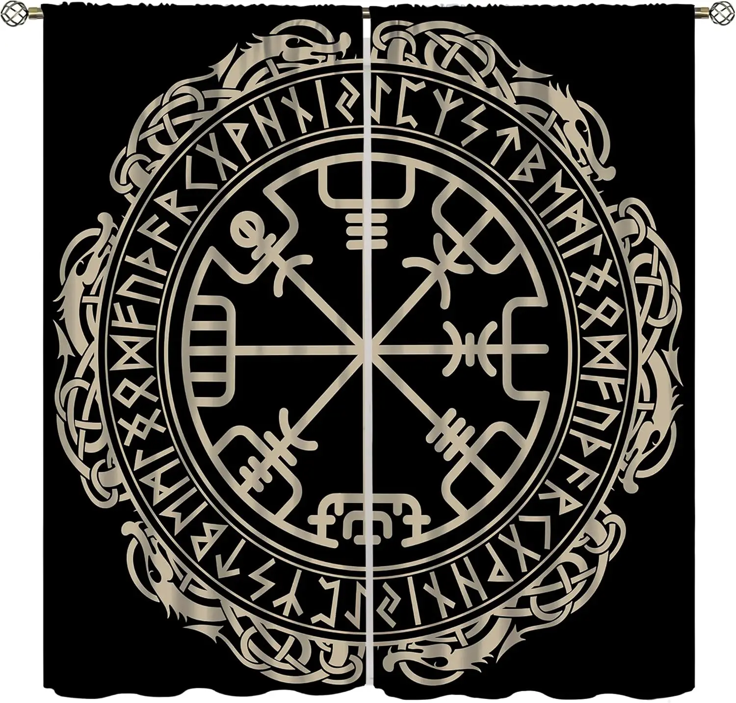 Nordic Viking Printed Curtains, Black Viking Vintage Compass Nordic Mythology Window Treatments, Blackout Curtains for Bedroom