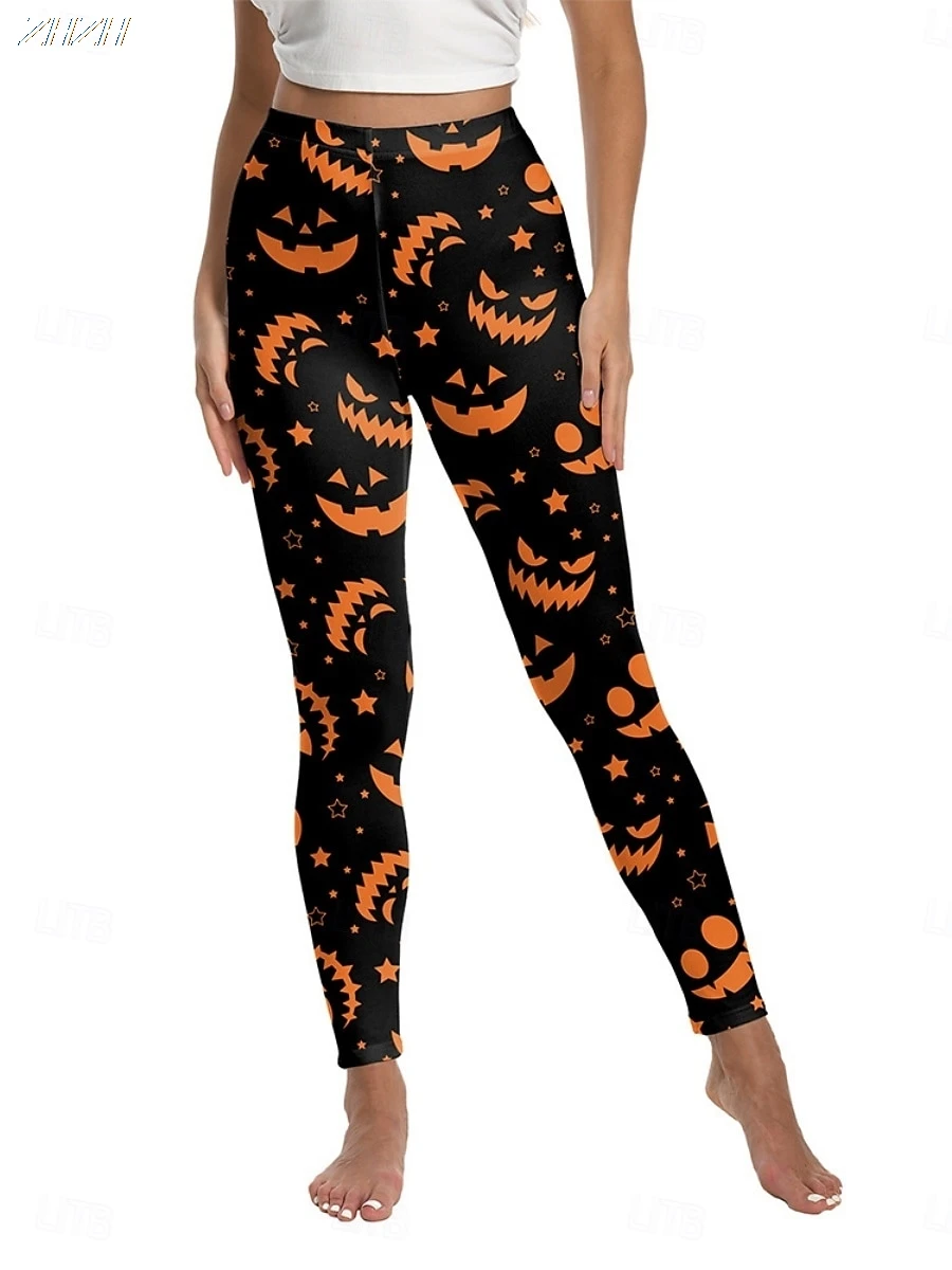 2025 Leggings da donna Pantaloni con grafica zucca di Halloween Pantaloni Poliestere Spandex Elasticizzato in vita, Controllo Autunno Streetwears
