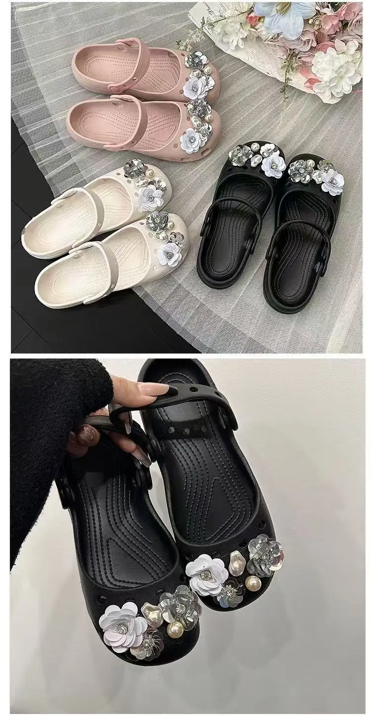 2026 Neue Sommer-Pantoffeln für Damen, Luxuriöse Perlen-Metall-Blumen-Designer-Ballettschuhe, Damensandalen für drinnen und draußen – Detail 18