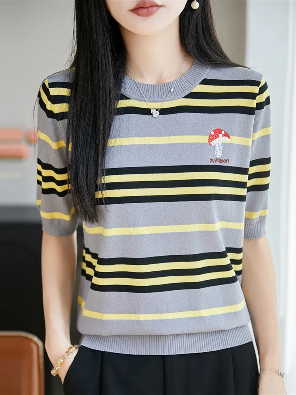 

Ice Silk Knitted Short Sleeve Top Women's Casual Loose Fit Summer Thin Stripe Embroidery round Neck T-Shirt Breathable Comfor...