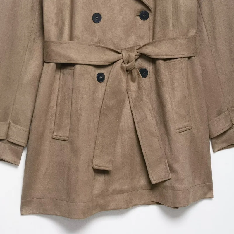 KEYANKETIAN Autumn And Winter New Women's Windproof Lapel Double Row Buckle Lace up Suede Windbreaker Women Leather Jacket Long