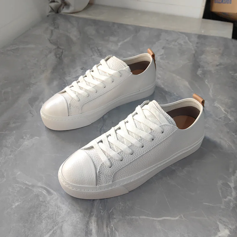 Dave&di Minimalist Beige Women's Shoes Minimalist Retro Top Layer Cowhide Round Toe Casual Lace Up Flat Bottom Sneakers Shoes