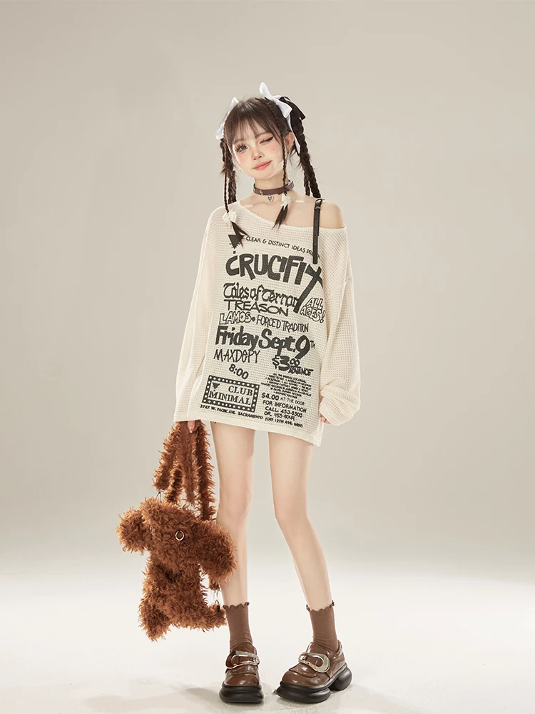 Fashion Women's 2024 Early Spring Off-the-Shoulder Sling Sweaters Feminine Chic Loose Sweaters Hot Girl Long Sleeve Pullover Top