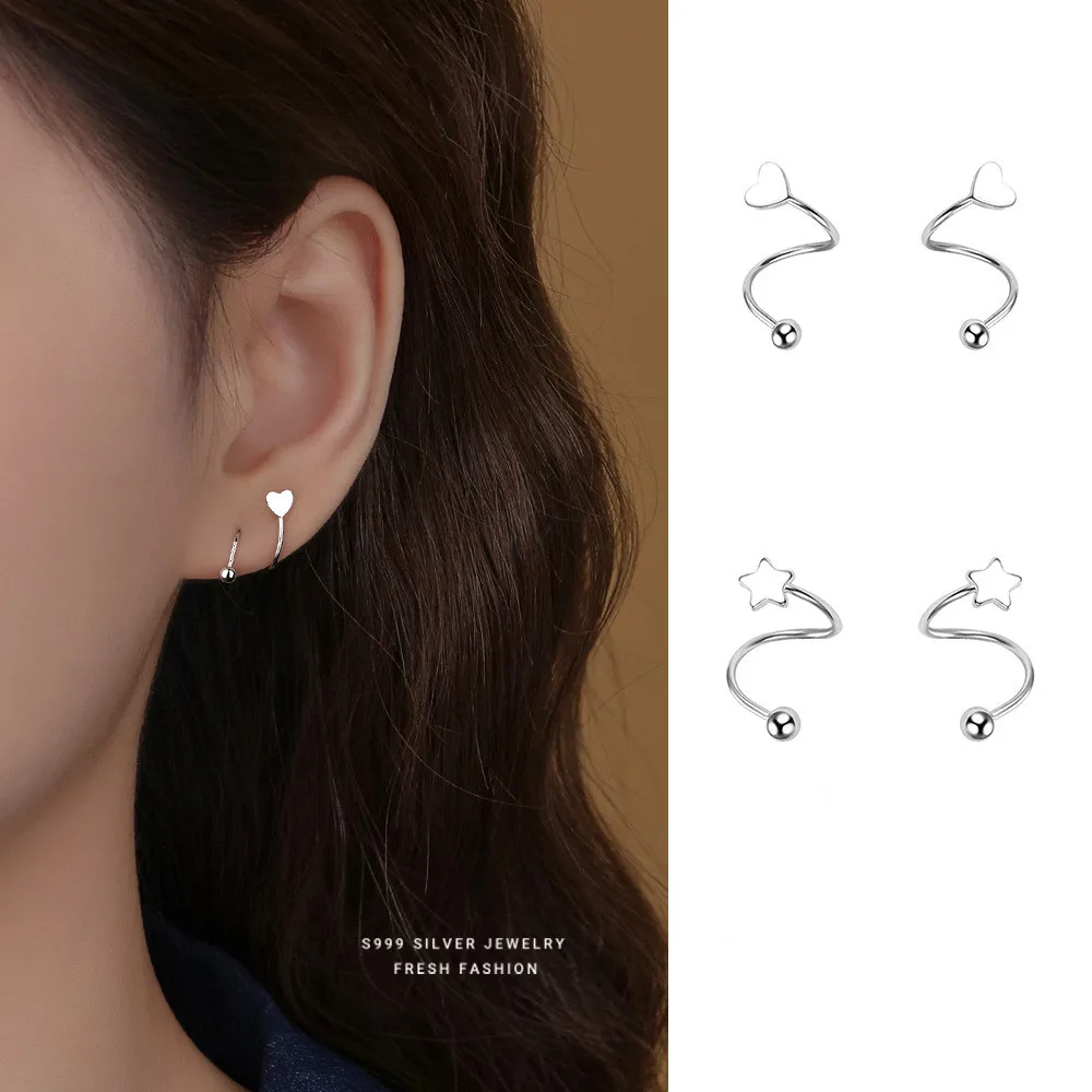 

Корейский стиль, изогнутые серьги из чистого серебра S999 со звездами и сердечками для женщин, минималистичные украшения для вечеринок с темпераментом