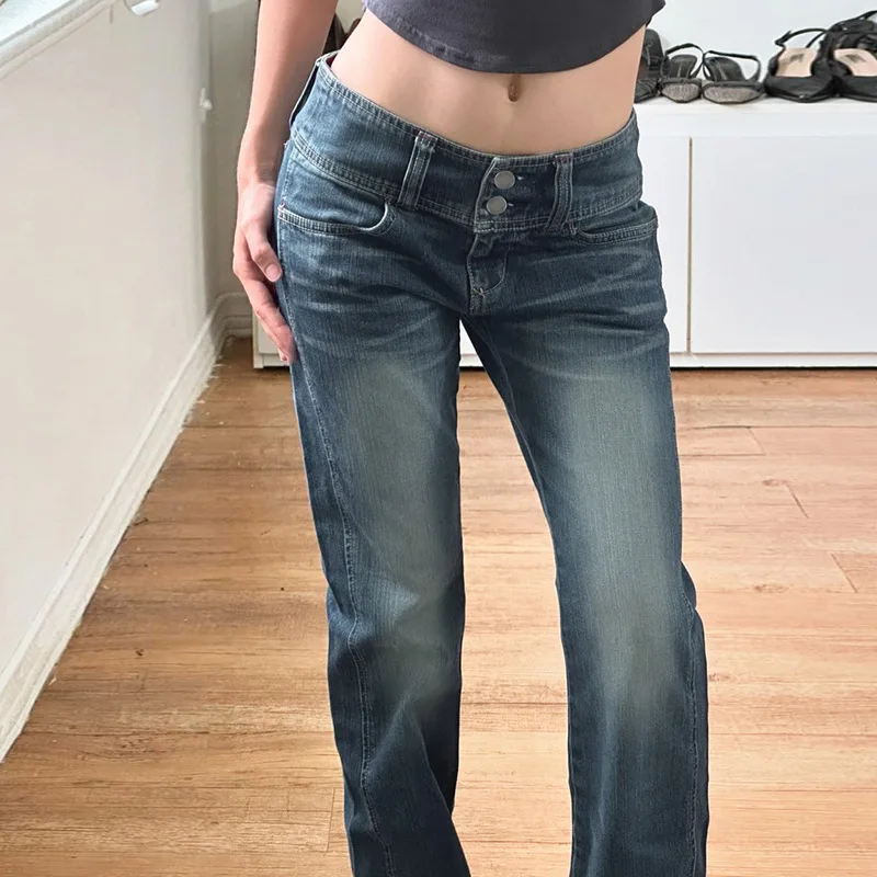 Personality street vintage low-rise jeans breasted slim trousers straight loose women's wide-leg pants