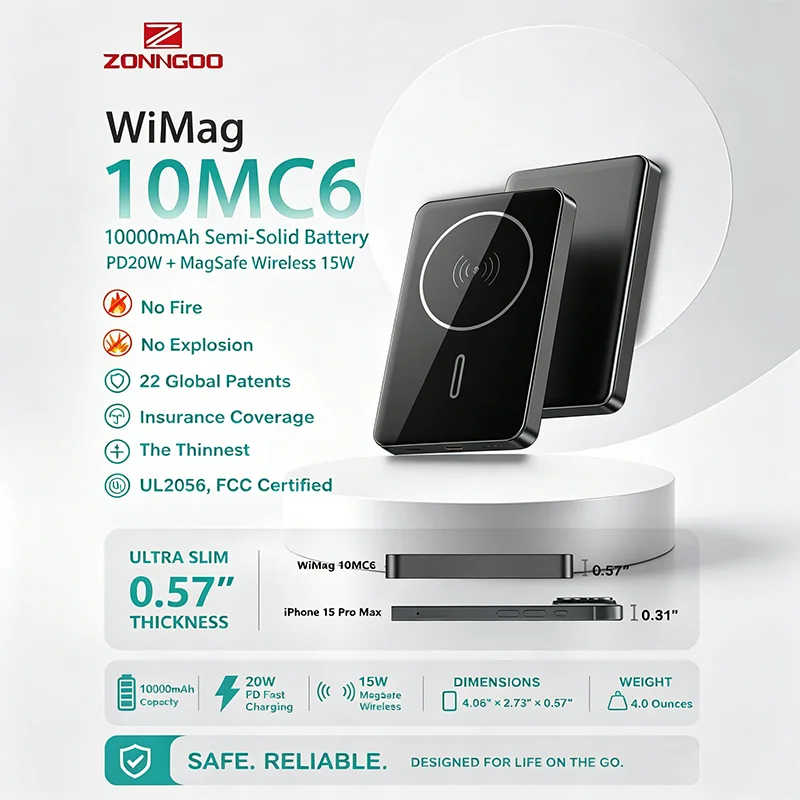 10000mAh Magnetic Wireless Power Bank,Semi‑Solid State Battery 15W Mag‑Safe Wireless 22.5W PD Fast Charging Ultra Slim Portable Powerbank for iPhone 17 16 15 14 13 12 Series Metal External Battery Pack
