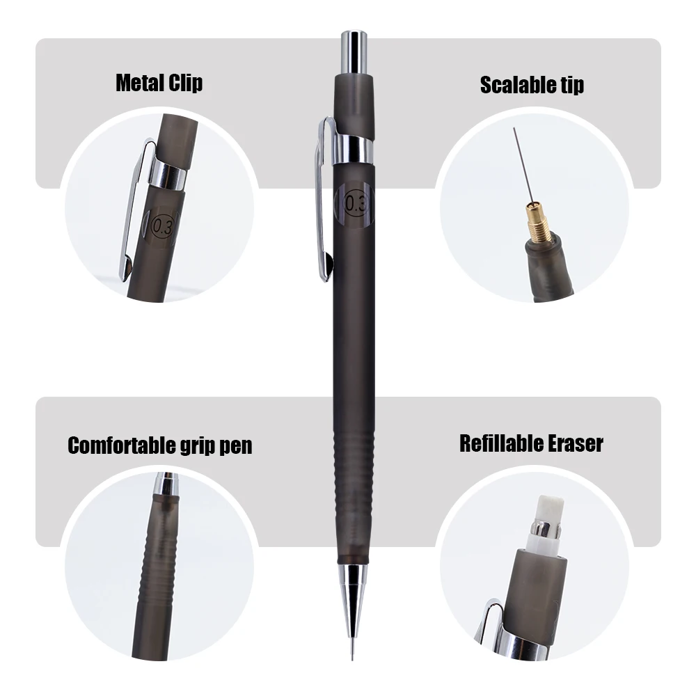8 teile/satz 0,3/0,5/0,7/0,9mm Druckbleistift Set mit Integriertem Radiergummi, Dreieck Griff Automatische Bleistift für Schule Schreiben Liefert – Detail 4