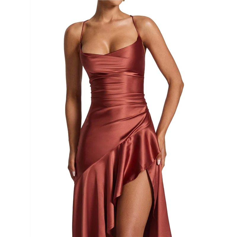 Vestido de cóctel con escote en V, sin mangas, de satén, con dobladillo con volantes, ajustado, largo, informal, con espalda abierta y abertura larga