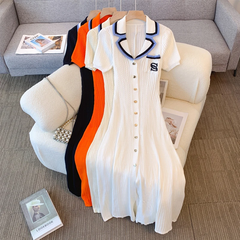 YuooMuoo kobiety ubierają 2025 nowych moda kontrastowe kolorowe kołnierzyki linia A dzianinowa sukienka Maxi eleganckie kieszenie Lady szaty Droppshipping