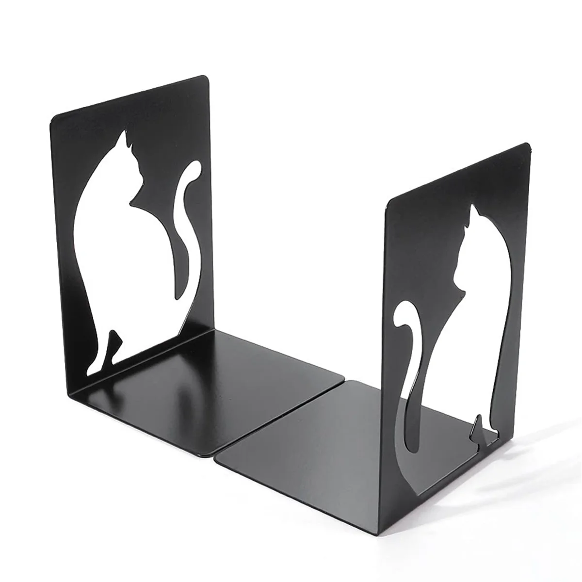 Bookends,Book Ends, Book Ends for Shelves, Heavy Duty Metal Black Bookend Support for Shelves Offices - White Cat