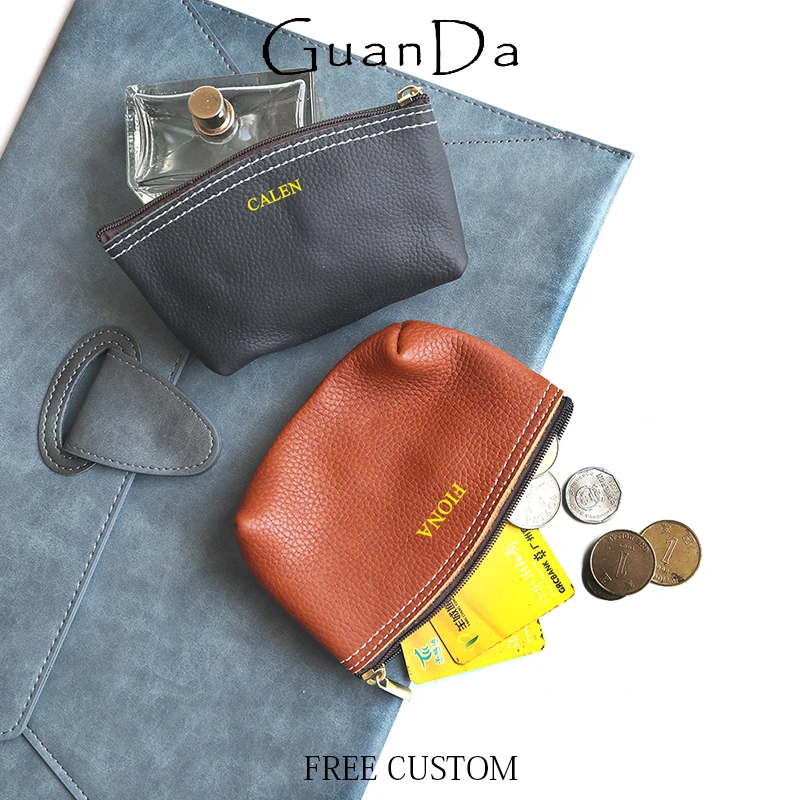 Custom Letters Vintage Coin Purse Genuine Leather Zip Card Holder Engrave Initials Card Wallet Mini Storage Bag Key Pouch Gift